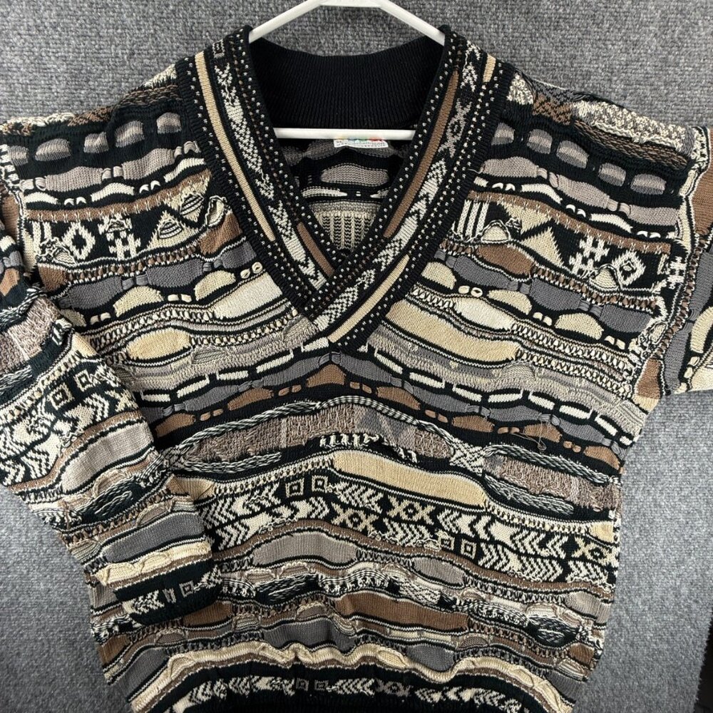 Coogi Australia Sweater Knit 3D V Neck Beige Black XL Cotton Designer Adult